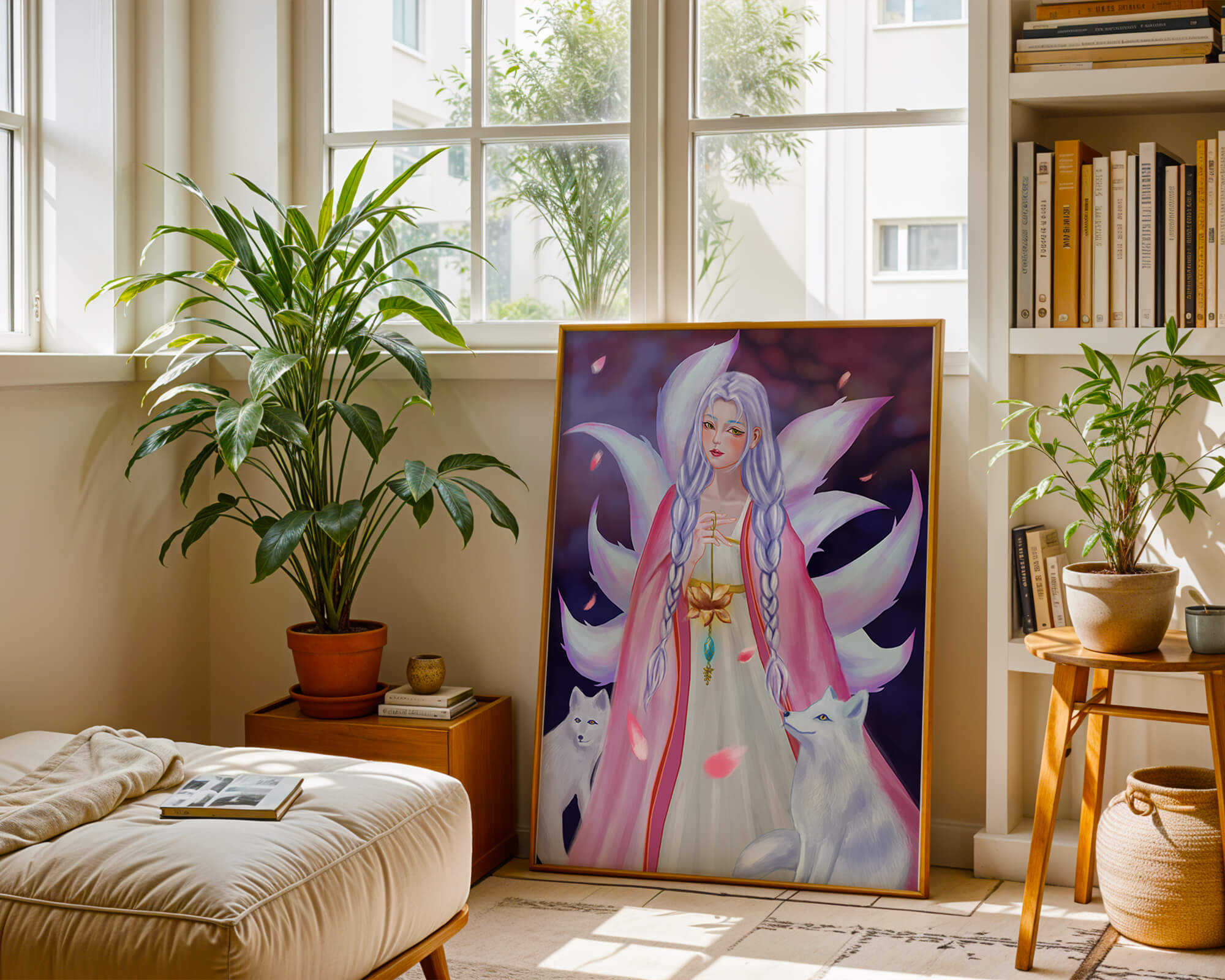 Fantasy art of ethereal figure with foxes and petals