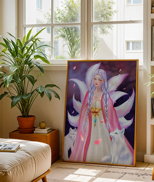 Fantasy art of ethereal figure with foxes and petals