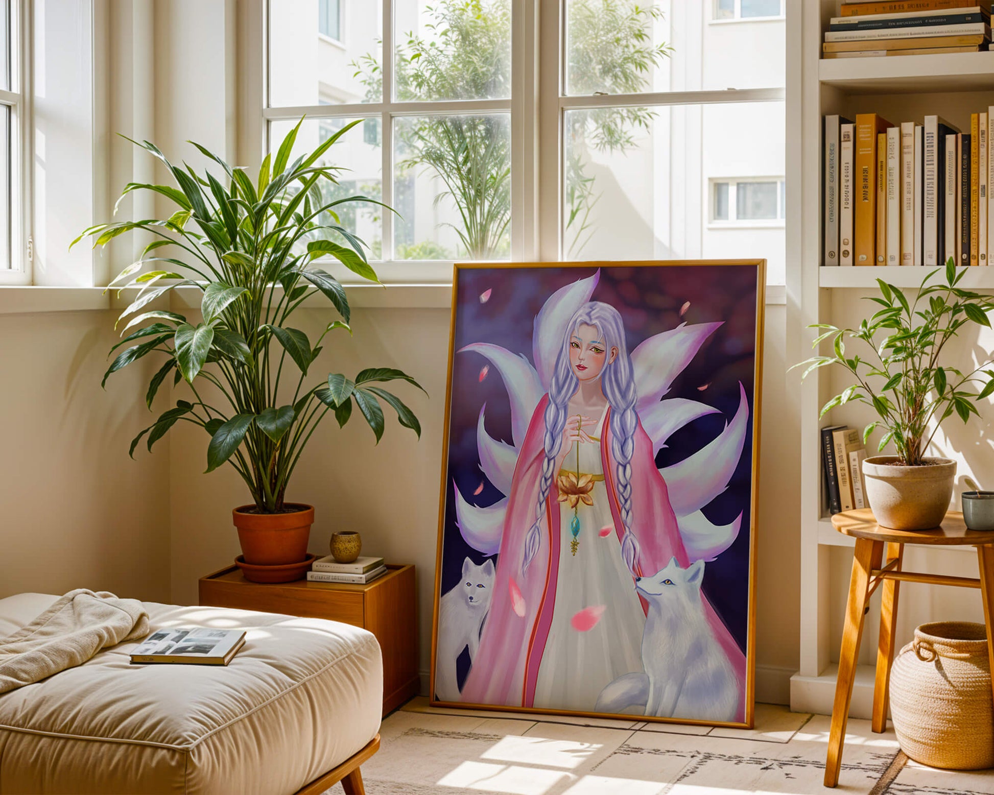 Fantasy art of ethereal figure with foxes and petals