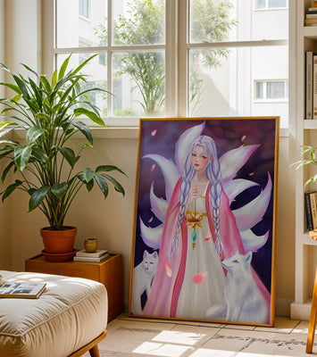 Fantasy art of ethereal figure with foxes and petals