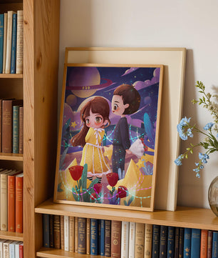 Ilustración de pareja romántica con estrellas y rosas en un entorno nocturno mágico