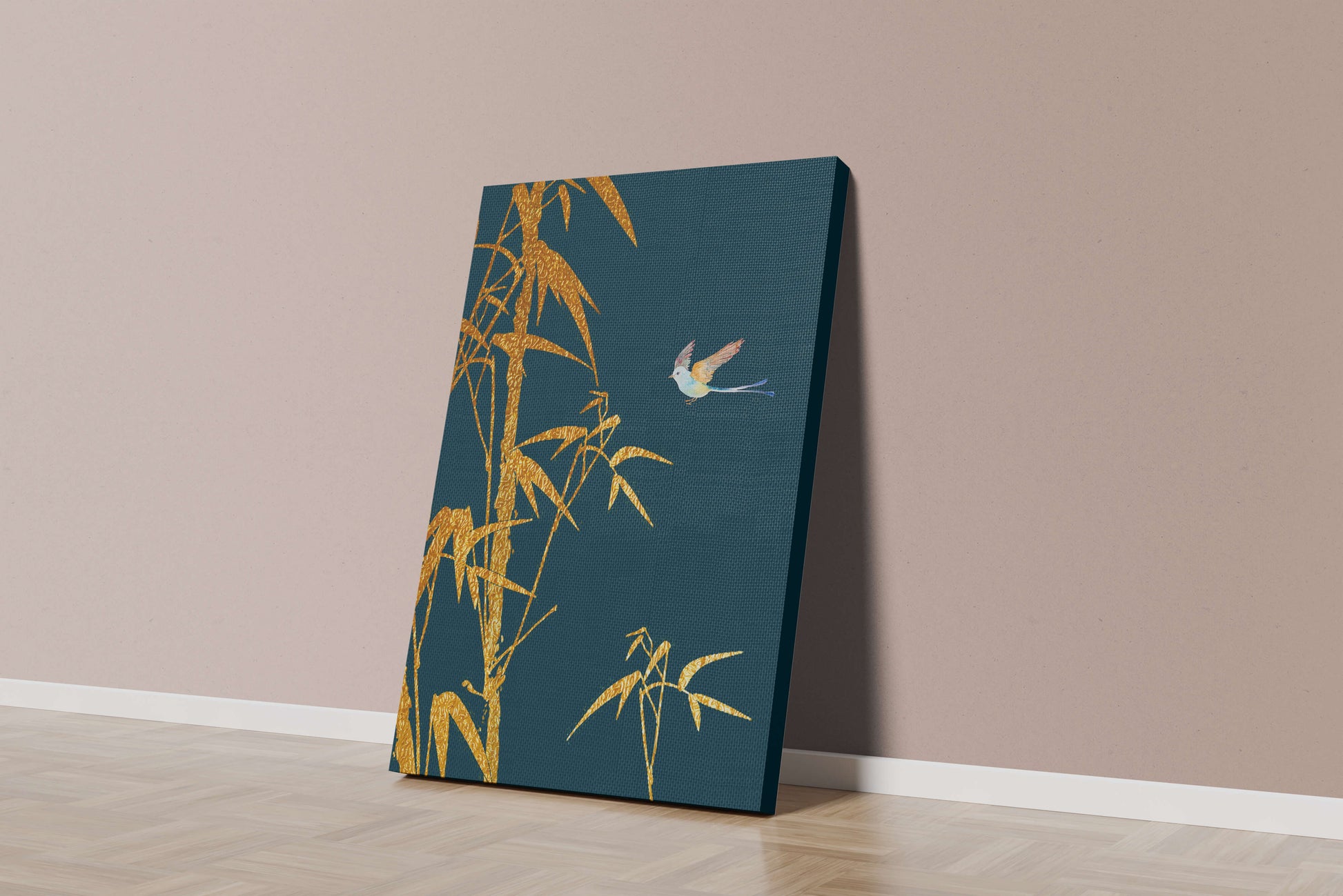 Golden bamboo and bird against a deep blue background