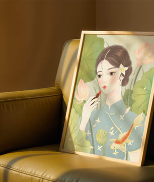Elegant Woman in Traditional Dress with Lotus and Koi Fish - Mi tienda