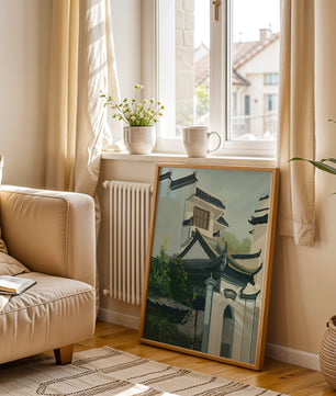 Traditional Asian architecture with lush greenery