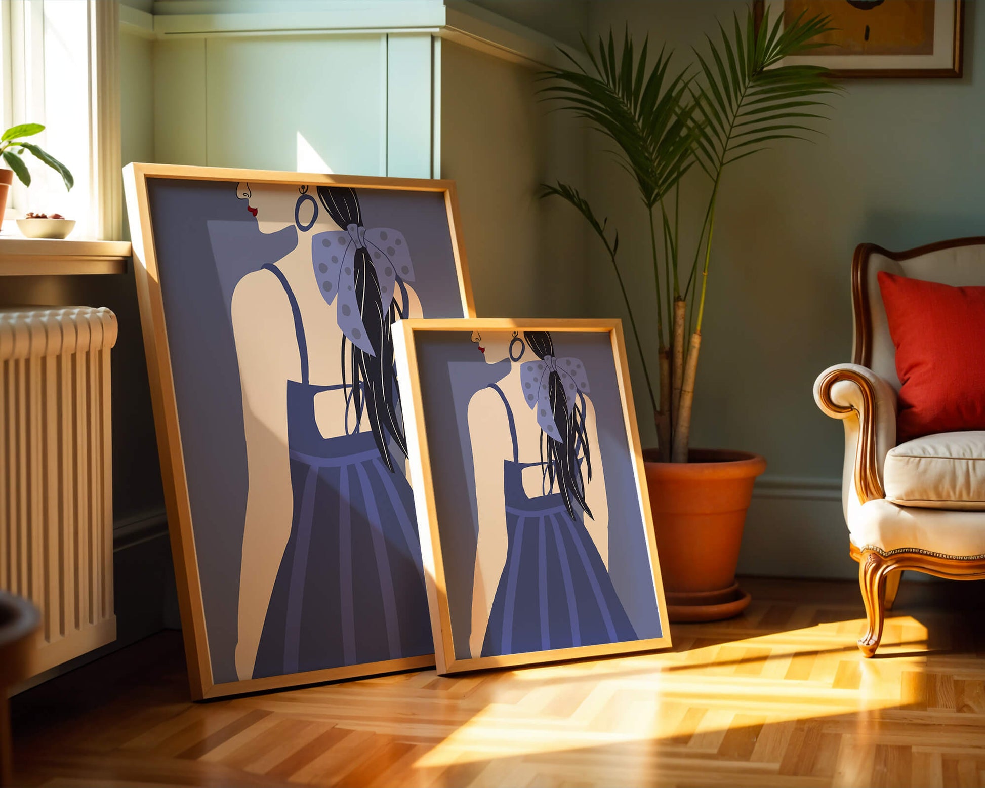 Stilvolle Illustration einer Frau mit gepunkteter Schleife und blauem Kleid