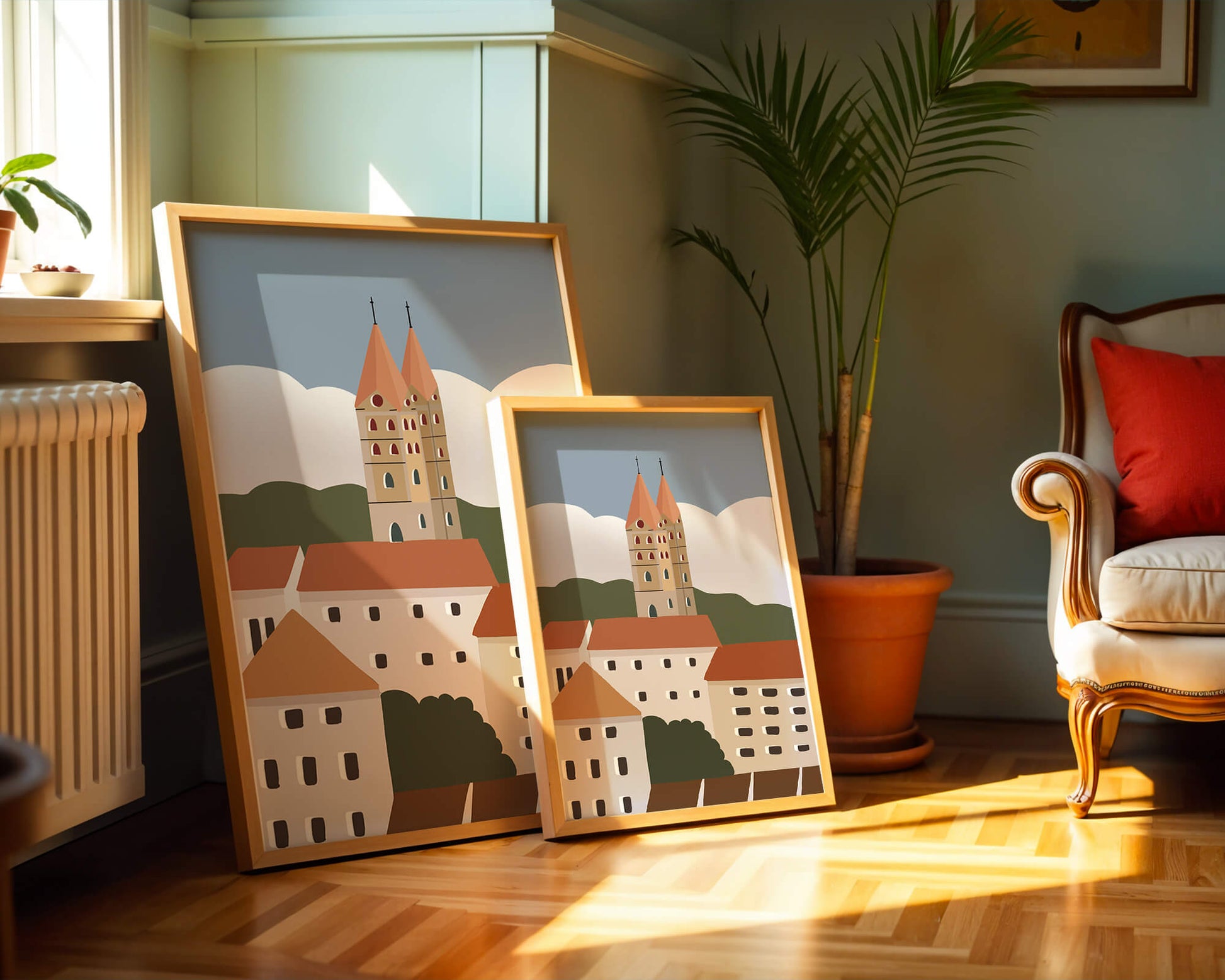 Charming European Cityscape with Church Towers and Colorful Buildings