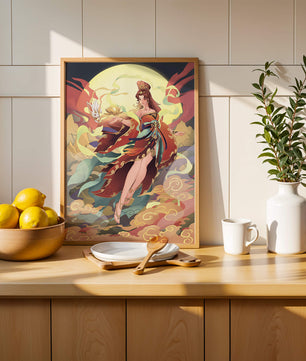 An enchanting depiction of a celestial figure with a mystical rabbit and vibrant attire