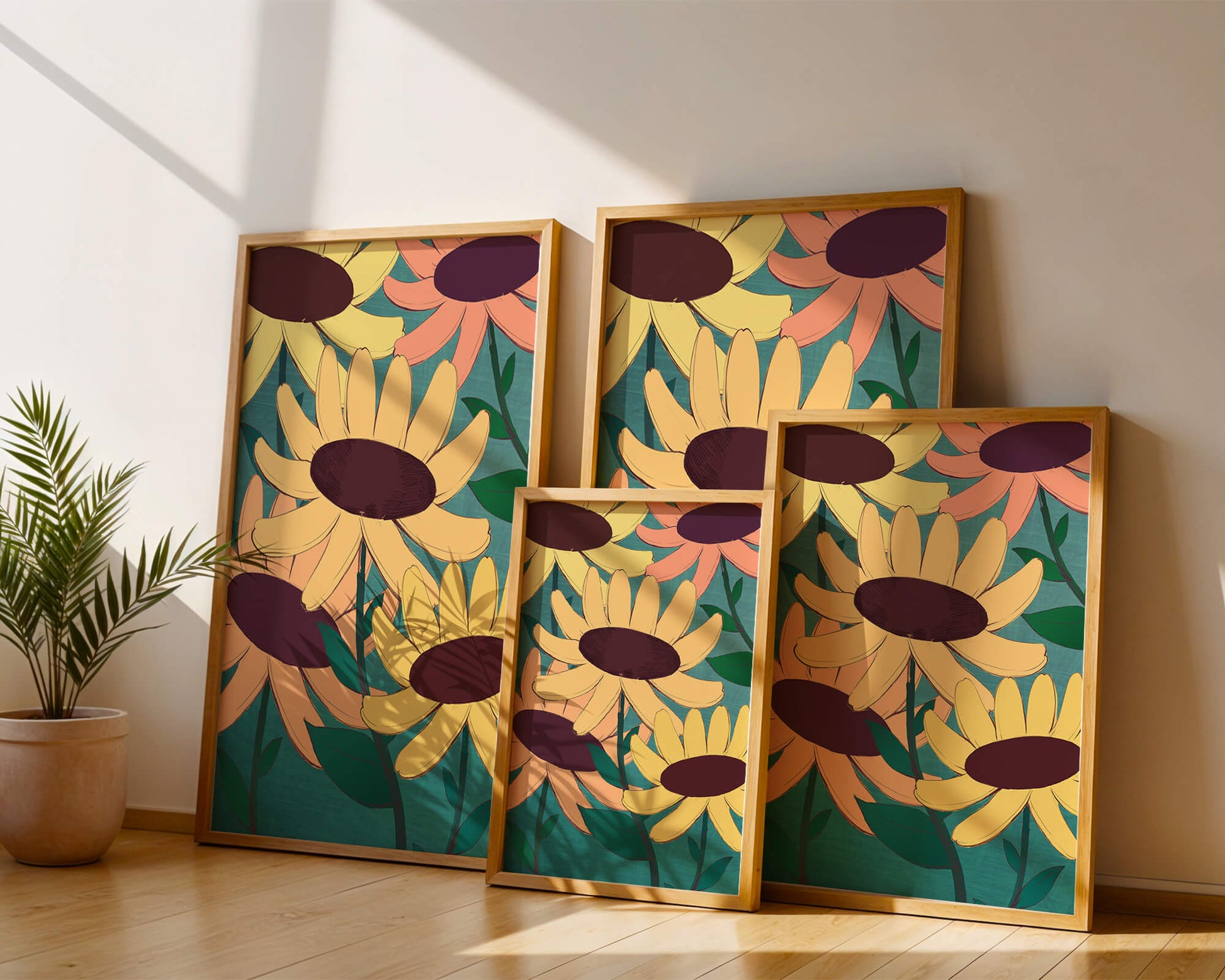 Ilustración floral con margaritas amarillas y naranjas sobre fondo turquesa