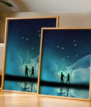Pareja romántica paseando bajo la noche estrellada con reflejos celestiales