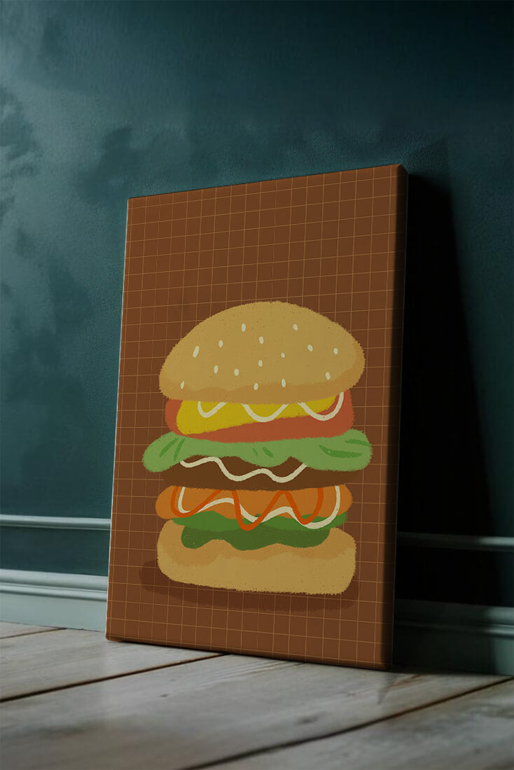 Illustrated cheeseburger with colorful layers on a grid background