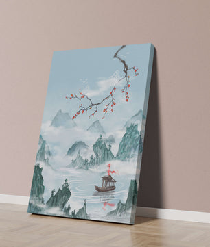 Chinese Landscape with Cherry Blossoms and Boat in Misty Mountains - Mi tienda