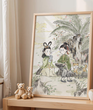 Arte asiático tradicional con dos personas y perros bajo un árbol