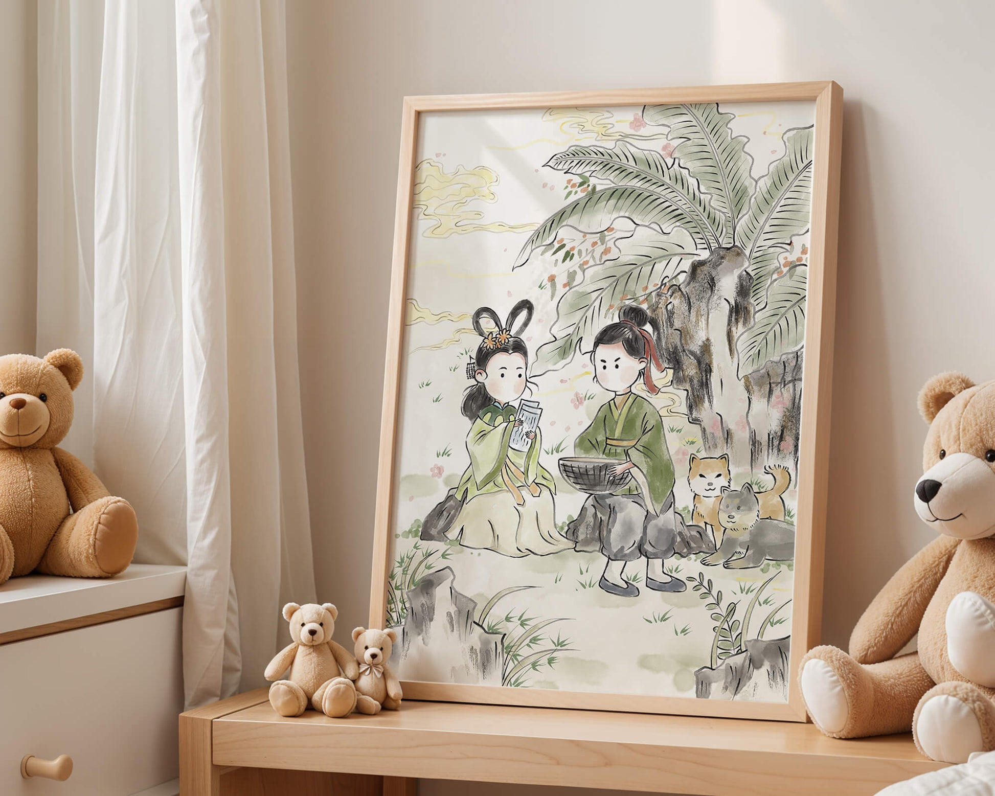 Arte asiático tradicional con dos personas y perros bajo un árbol