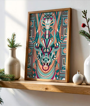 Ilustración art déco geométrica intrincada de serpiente y toro