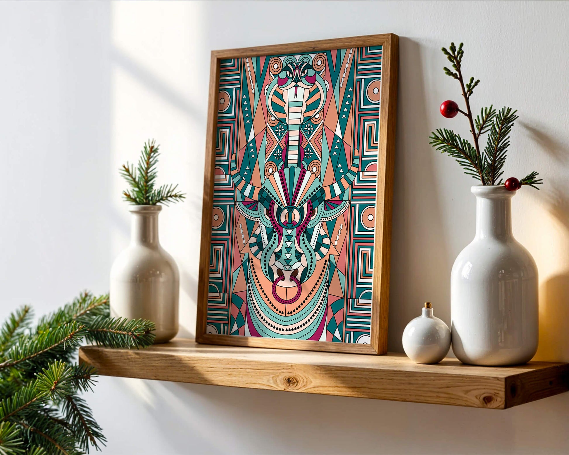 Ilustración art déco geométrica intrincada de serpiente y toro