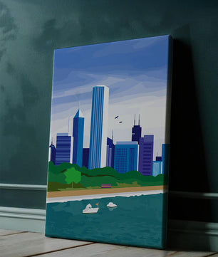Paisaje urbano moderno con skyline y frente al agua en un estilo vibrante