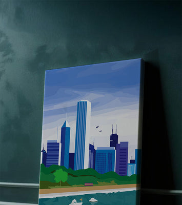 Modern cityscape with skyline and waterfront in a vibrant style