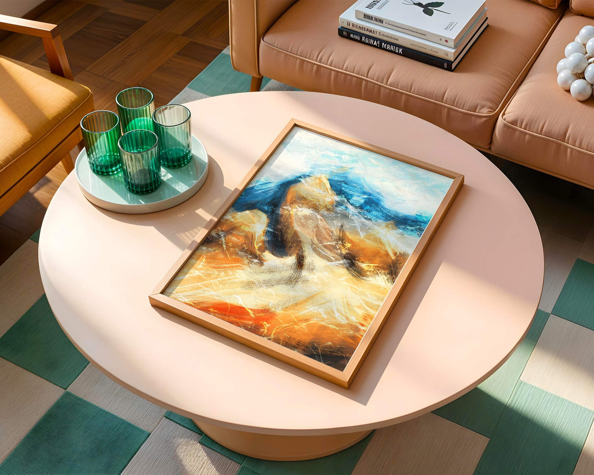 Abstract landscape with blue and golden hues