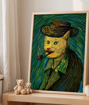 Gato caprichoso fumando una pipa en un estilo pictórico vibrante