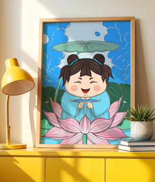 Whimsical illustration of a joyful child with lotus and umbrella