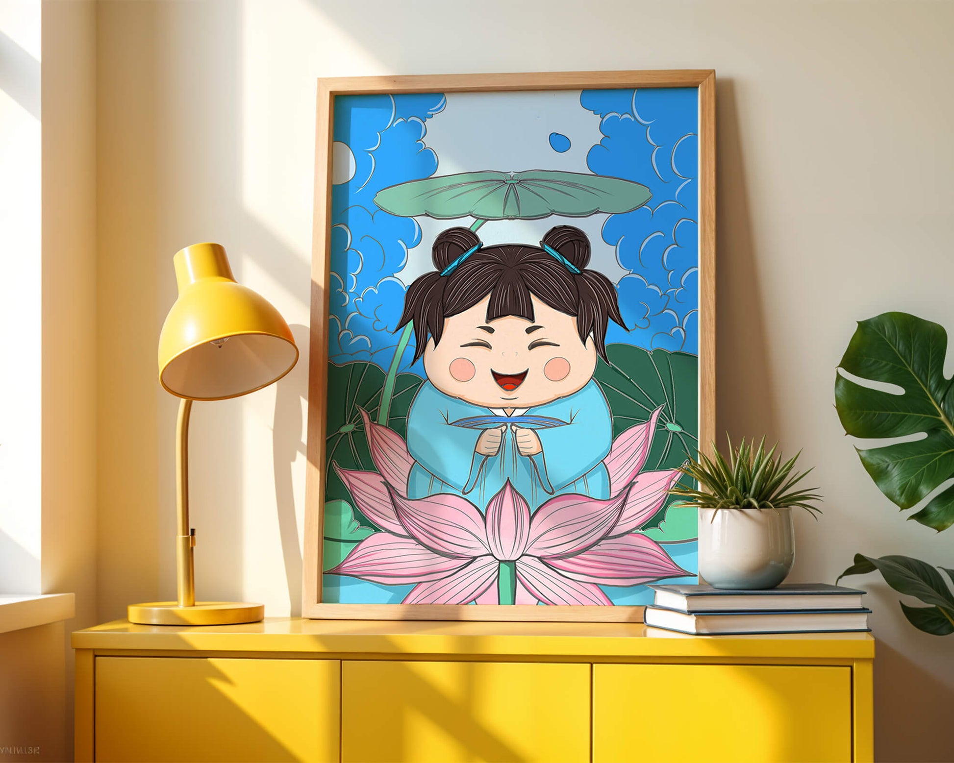 Whimsical illustration of a joyful child with lotus and umbrella