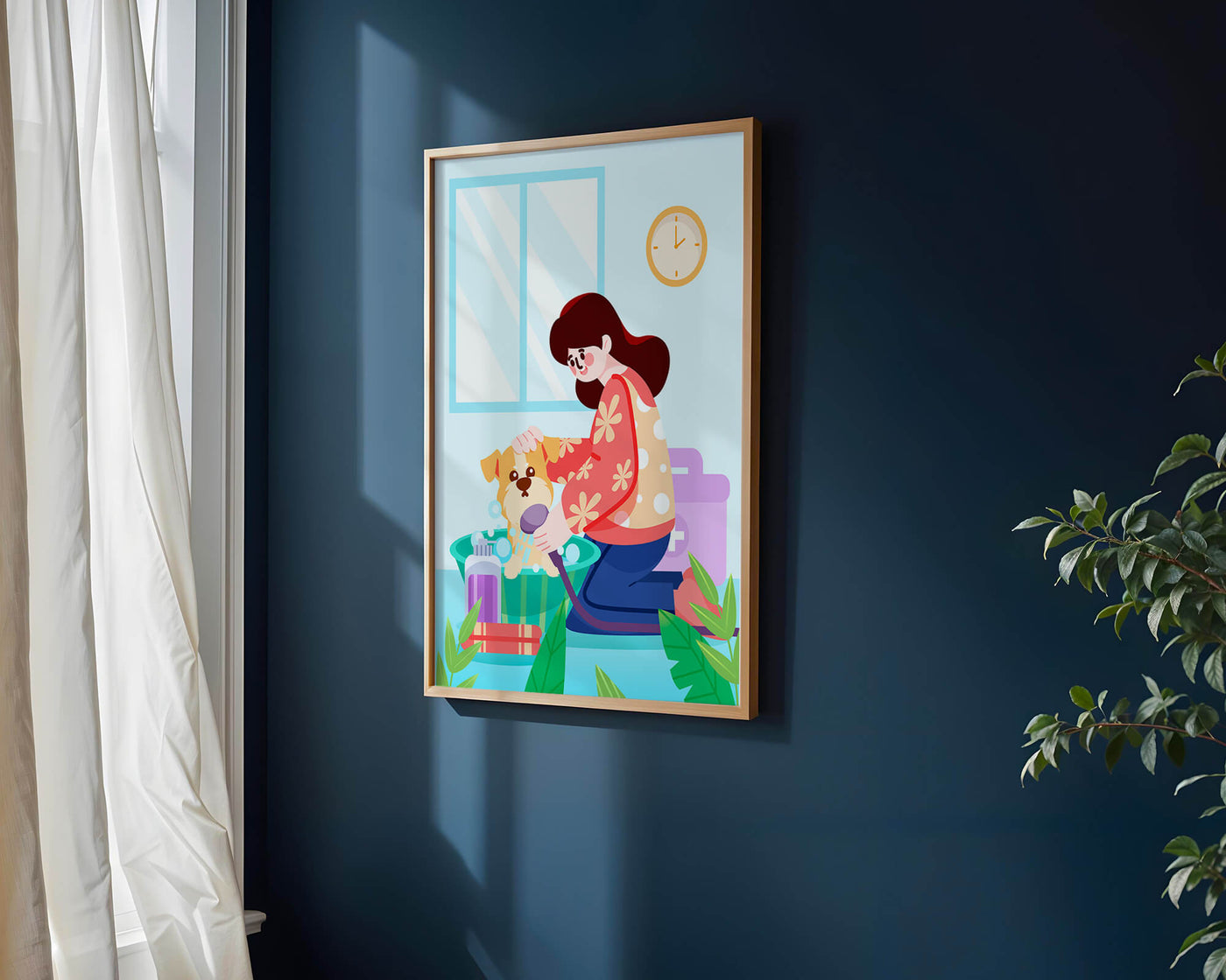 Woman giving a bath to a dog in a colorful bathroom setting