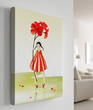 Young girl holding large red flower standing in puddle illustration