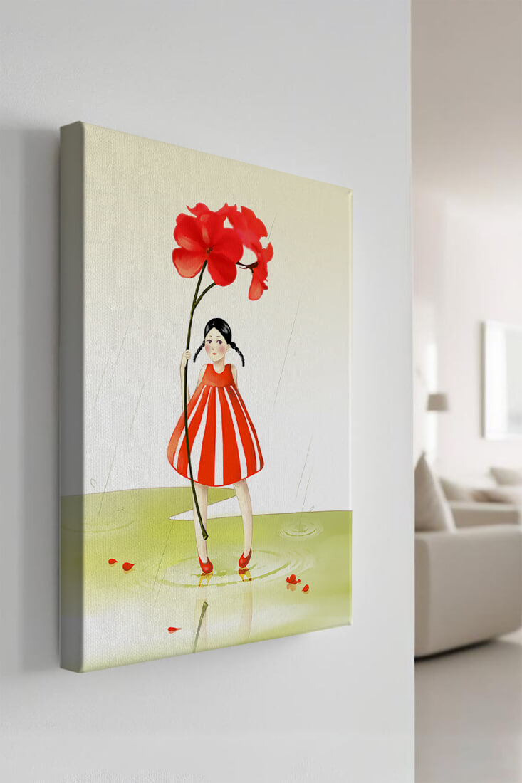 Young girl holding large red flower standing in puddle illustration