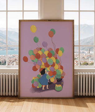 Bunte Luftballons mit einem Kind und einer Katze auf violettem Hintergrund