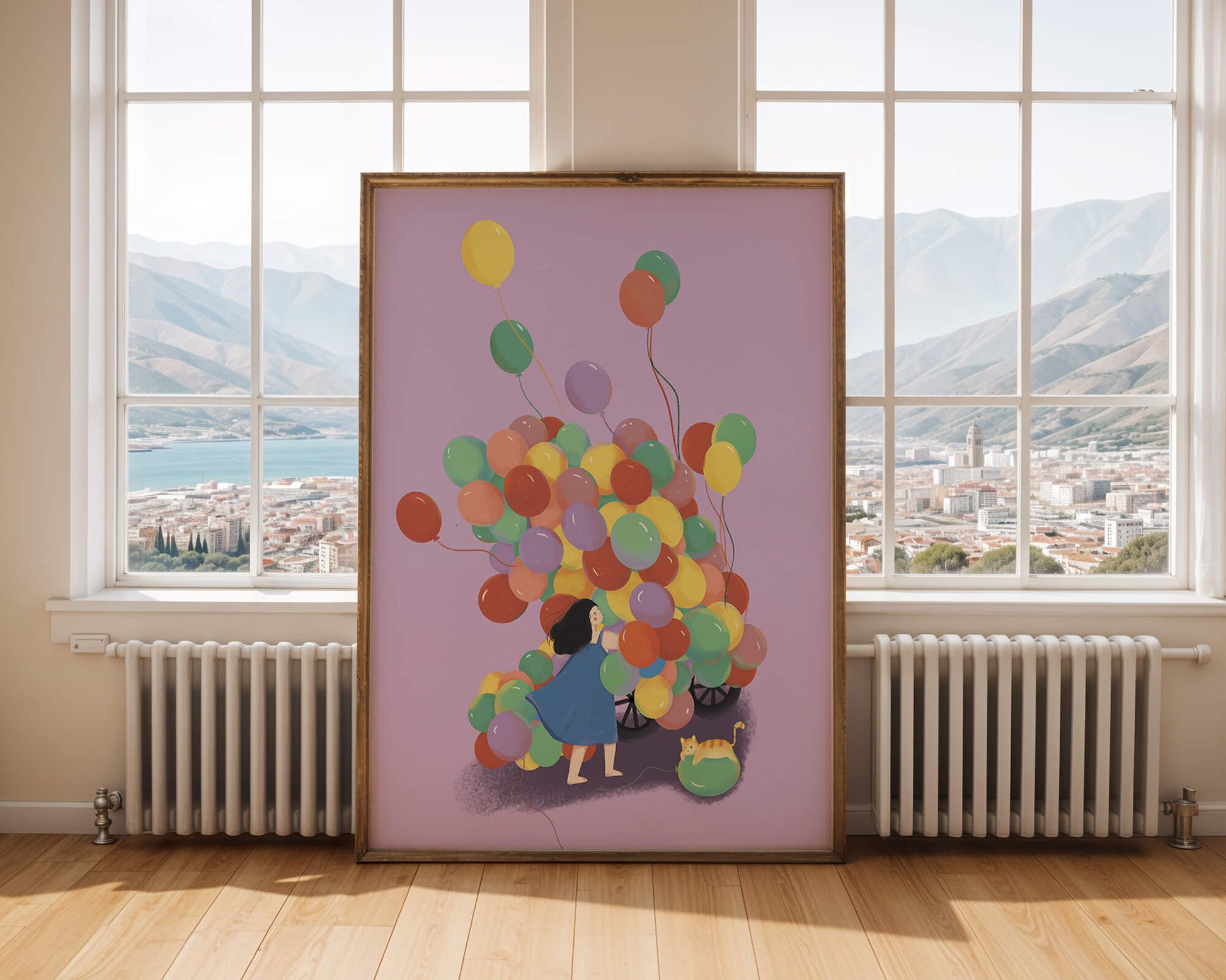 Bunte Luftballons mit einem Kind und einer Katze auf violettem Hintergrund
