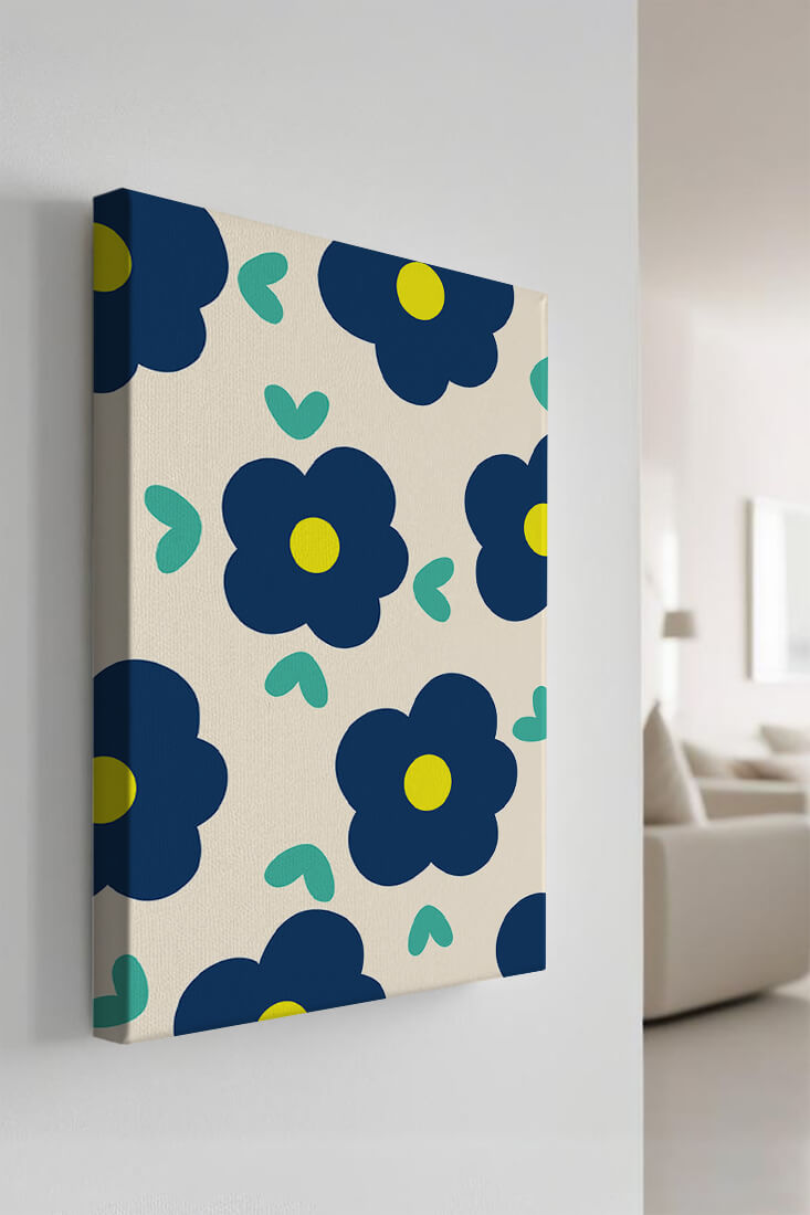 Blue floral pattern with yellow centers on cream background