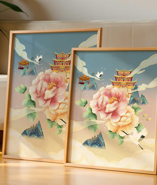 Elegant Asian Landscape With Pagoda, Cranes, and Peonies