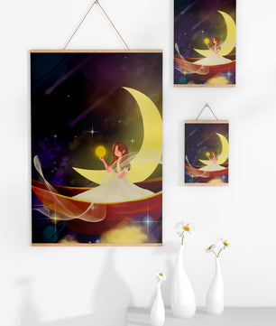 Enchanted night scene with a fairy on a crescent moon