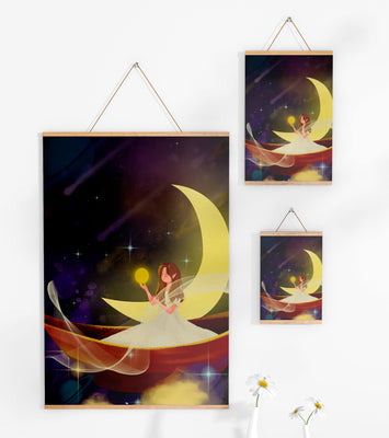 Enchanted night scene with a fairy on a crescent moon