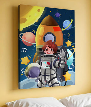 Young Astronaut with Rocket and Planets in Space Adventure