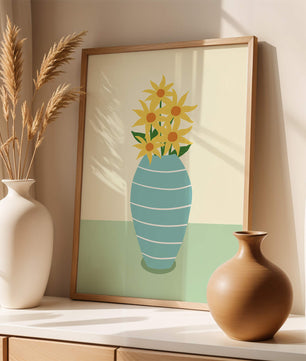 Yellow Sunflowers in a Blue Striped Vase on a Minimalist Background - Mi tienda