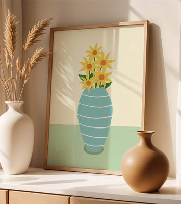 Yellow Sunflowers in a Blue Striped Vase on a Minimalist Background