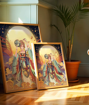 Elegant fantasy illustration with celestial elements and rabbit