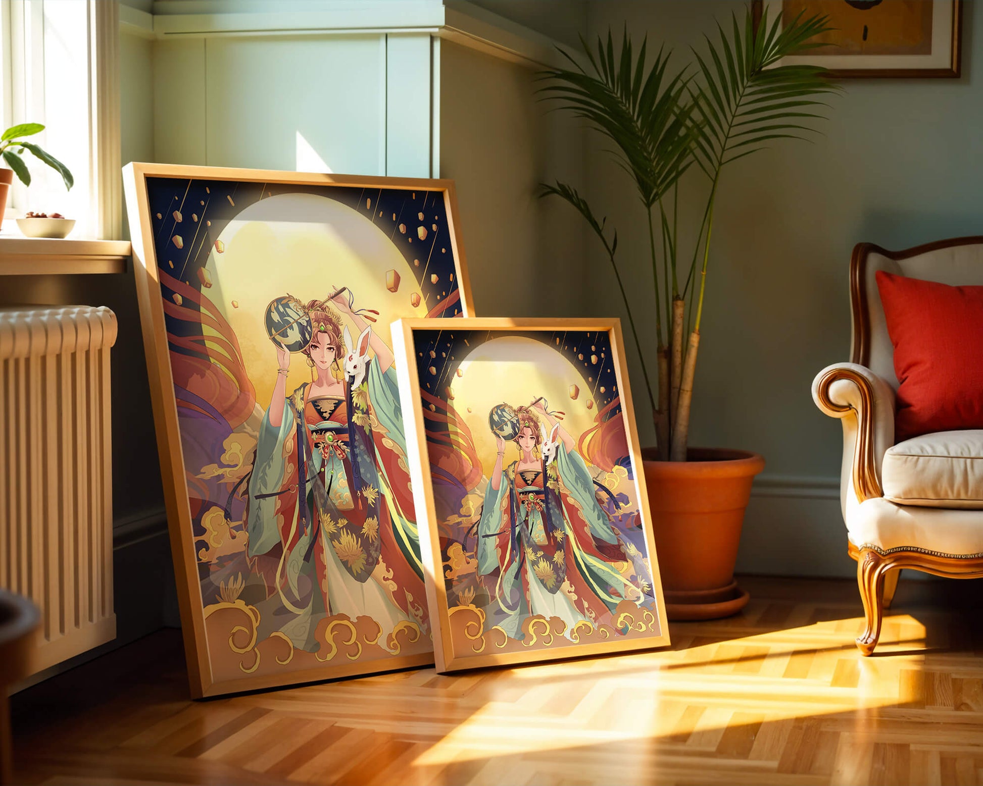 Elegant fantasy illustration with celestial elements and rabbit