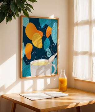 Ilustración colorida de mangos y hojas con una bebida cremosa