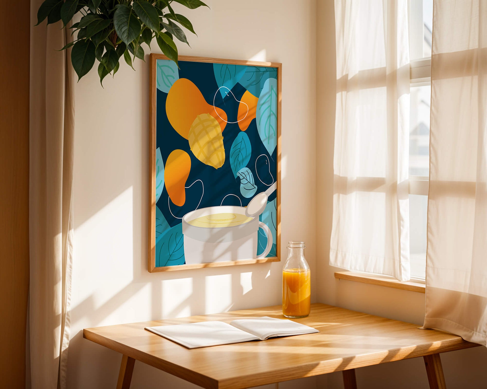 Ilustración colorida de mangos y hojas con una bebida cremosa