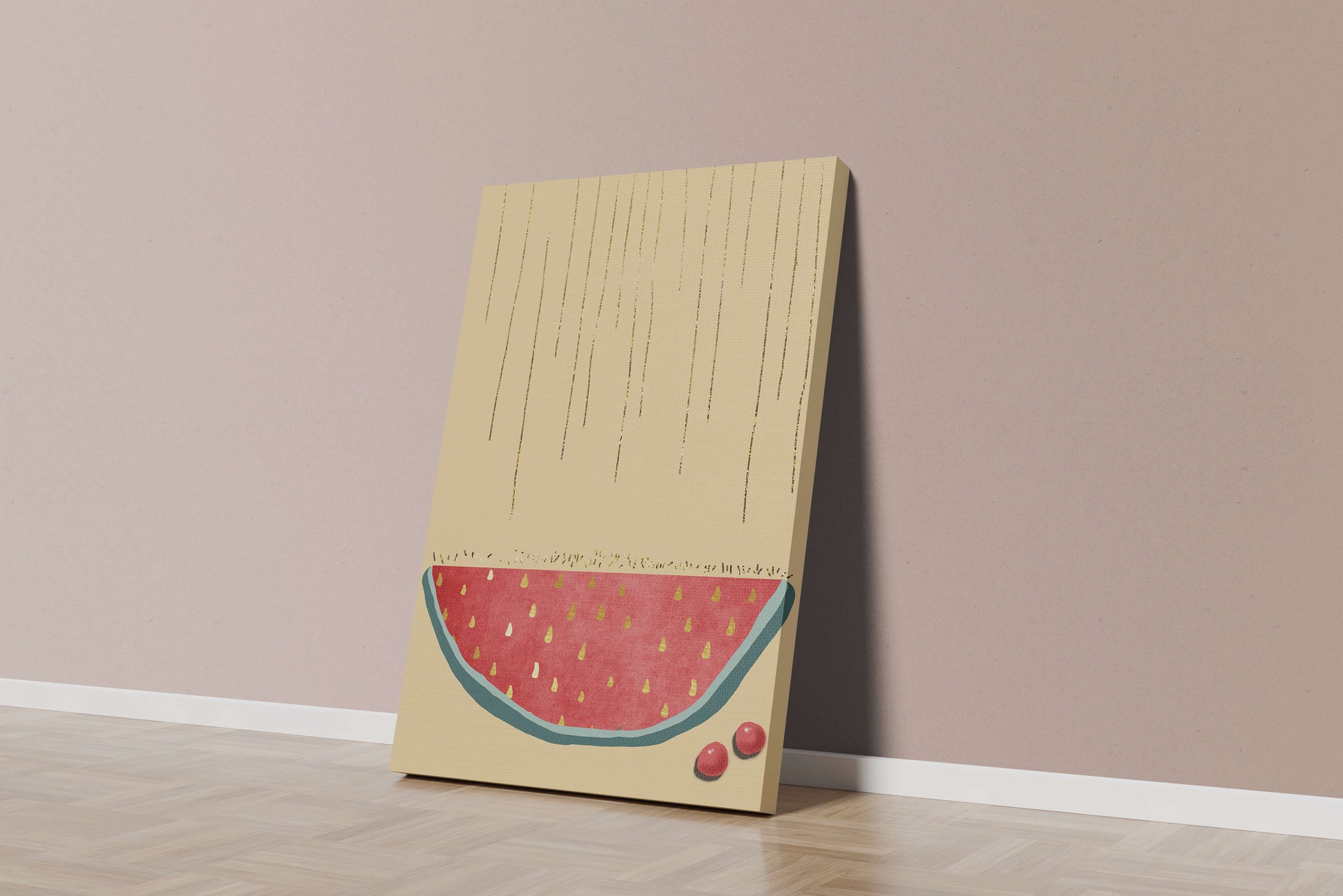 Abstract Watermelon Slice with Gold Accents on Minimalist Background