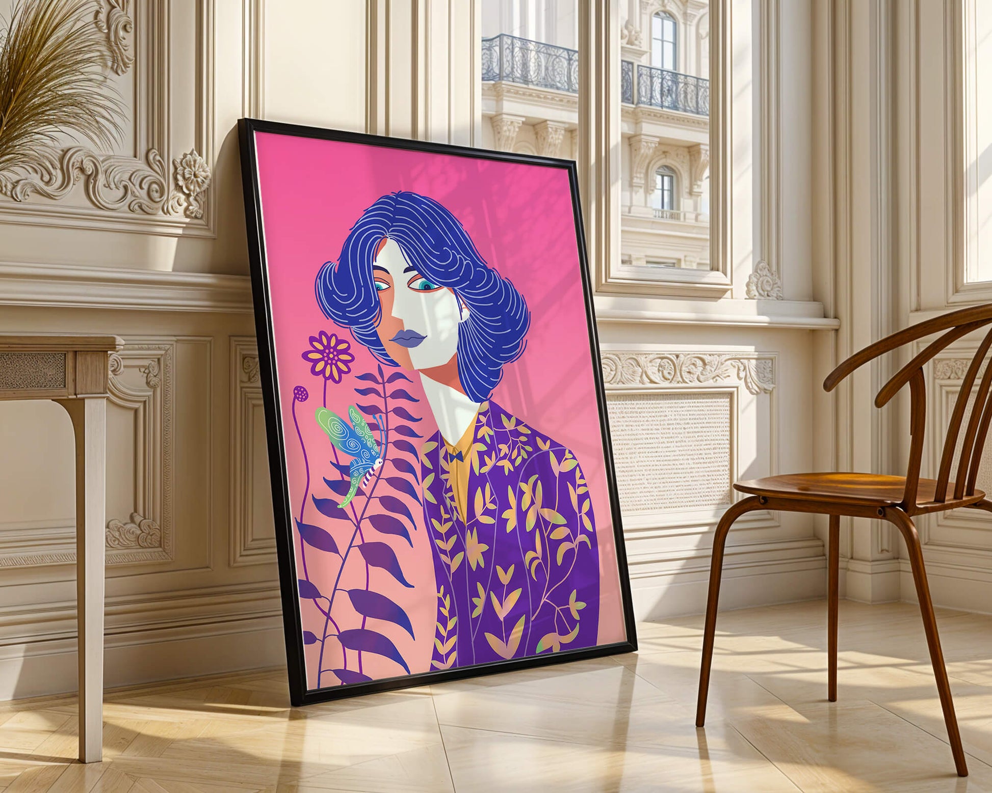 Stylized Portrait of a Woman with Blue Hair and Botanical Pattern