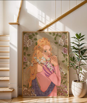Ilustración floral romántica de una mujer con cabello largo y flores en flor