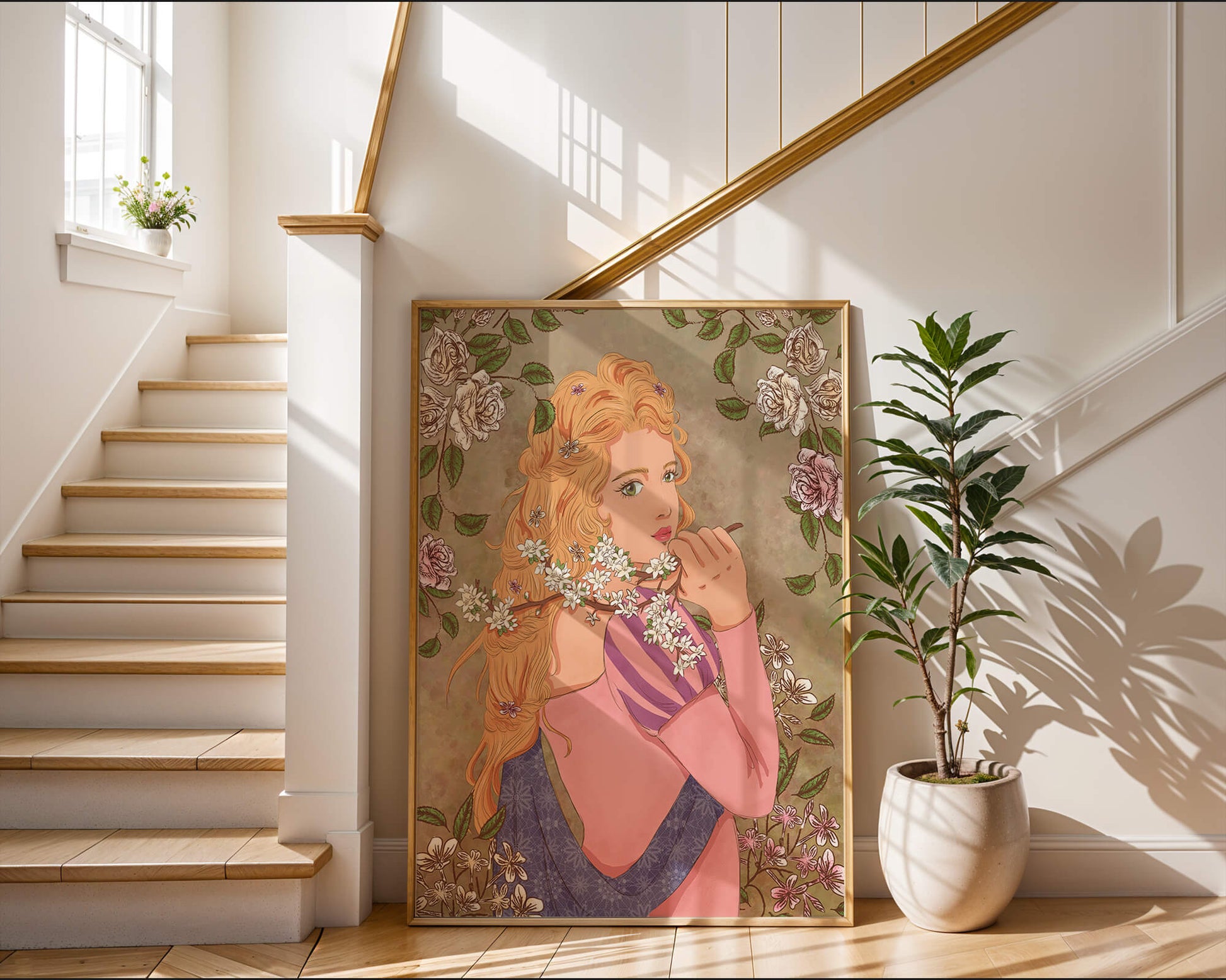 Ilustración floral romántica de una mujer con cabello largo y flores florecientes