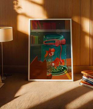 Neugierige Katze beobachtet Goldfische in einem Glas auf einem Bücherregal