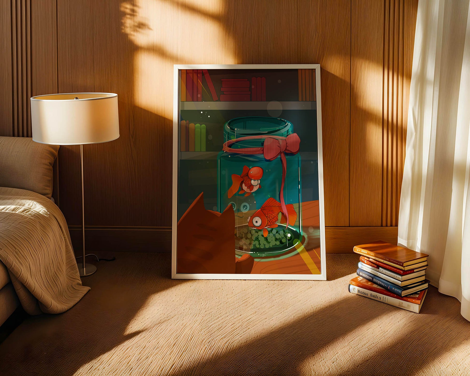 Neugierige Katze beobachtet Goldfische in einem Glas auf einem Bücherregal