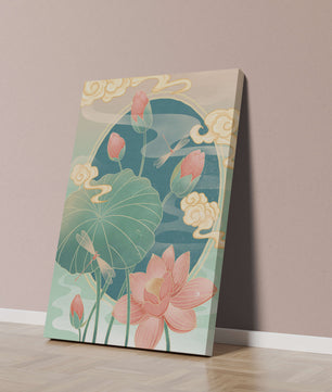 Ruhiges orientalisches Lotus-Design mit Libellen und Wolken