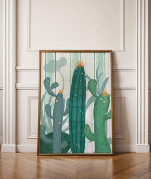 Colorful Cacti with Golden Elements on a Textured Background