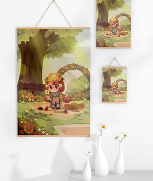Charming anime-style scene with young girl, flowers, and nature background